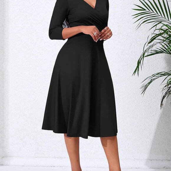 Women's Wrap Midi Dress V-Neck Flared Sleeve Casual Party Wedding Guest - Picture 2 of 6